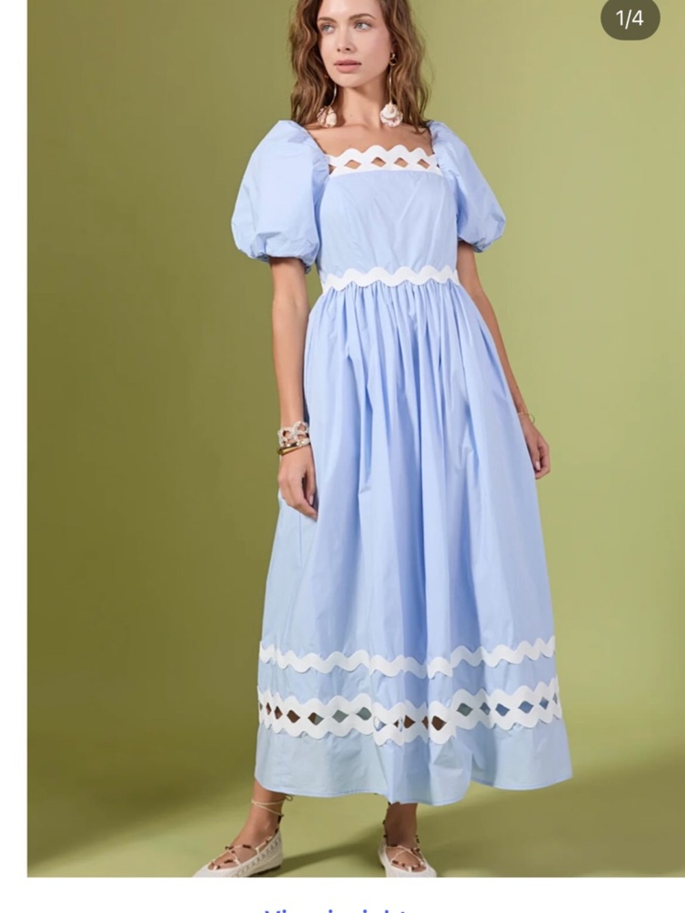 NWOT English Factory Blue Puff Sleeve Midi Dress with White Trim